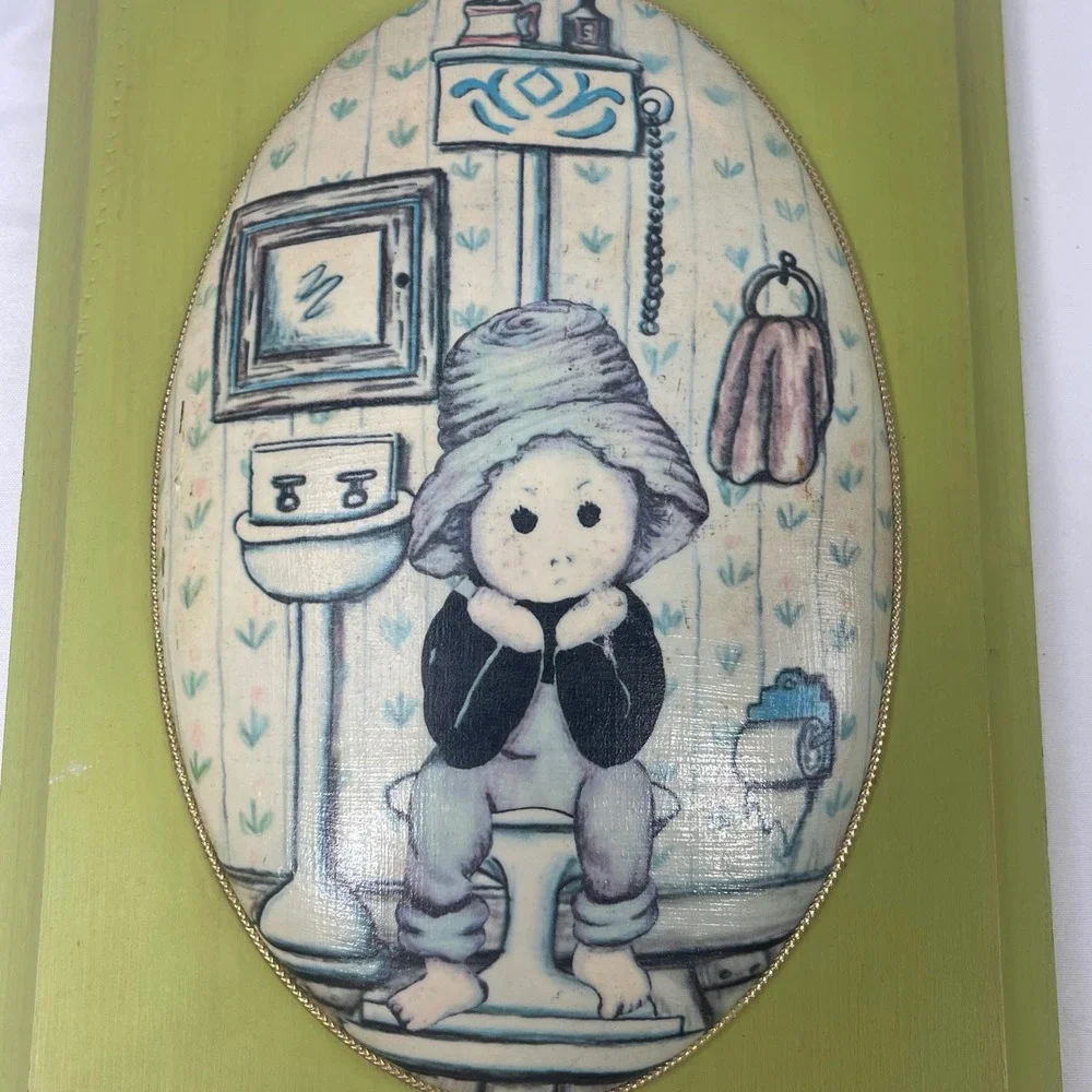 Vintage Handmade Decoupage Wood Bathroom Wall Art Set Convex Chartreuse 8.5x6.25